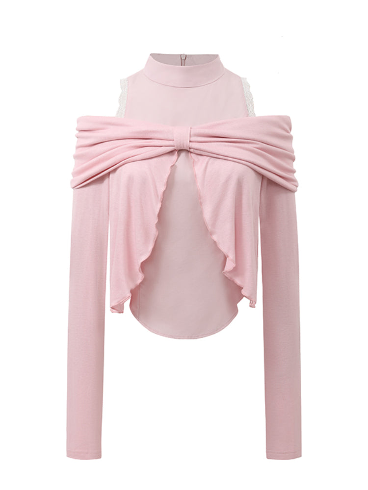 Butterfly Bow Stitching Faux Two-Piece Pleated Top