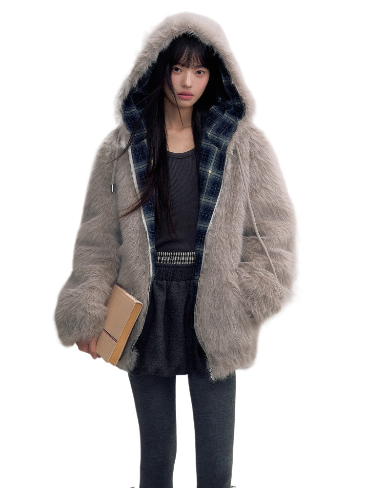 Plaid Spliced Eco-friendly Faux Fur Coat