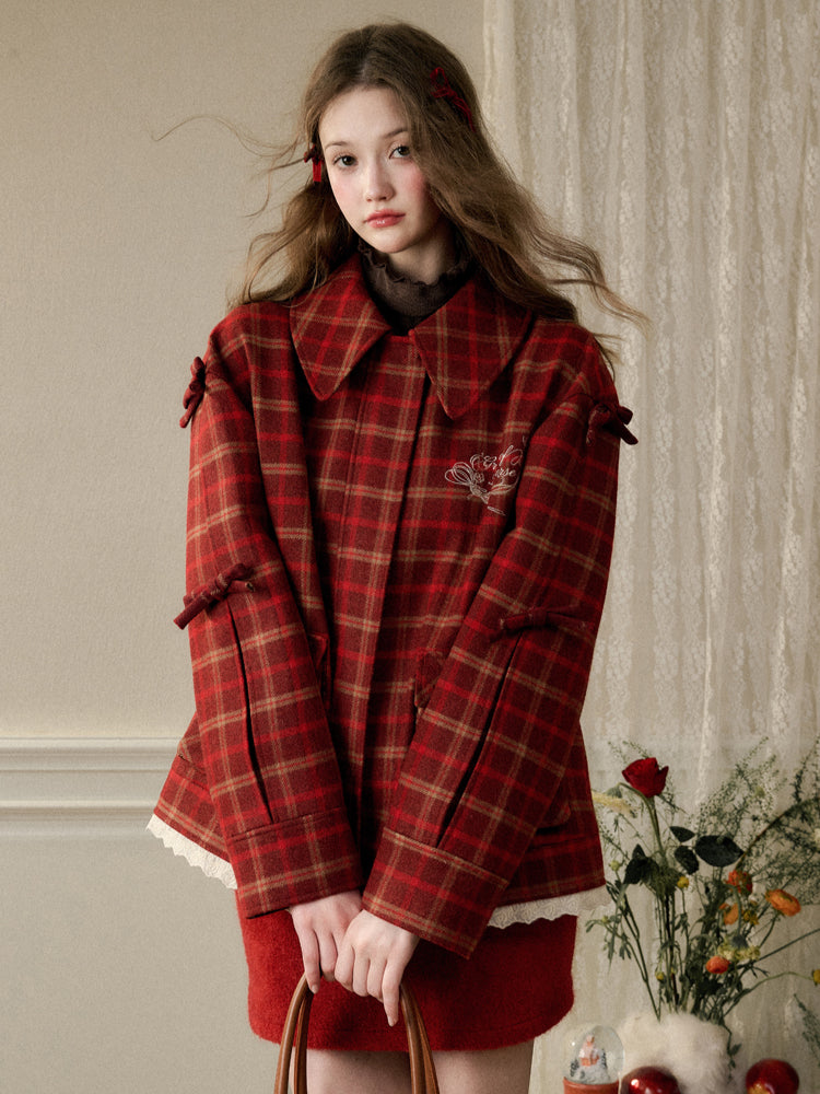 Cherry Bow Plaid Coat