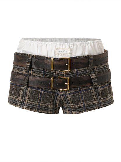 Plaid Double Leather Waist Belt Spliced Low Rise Shorts