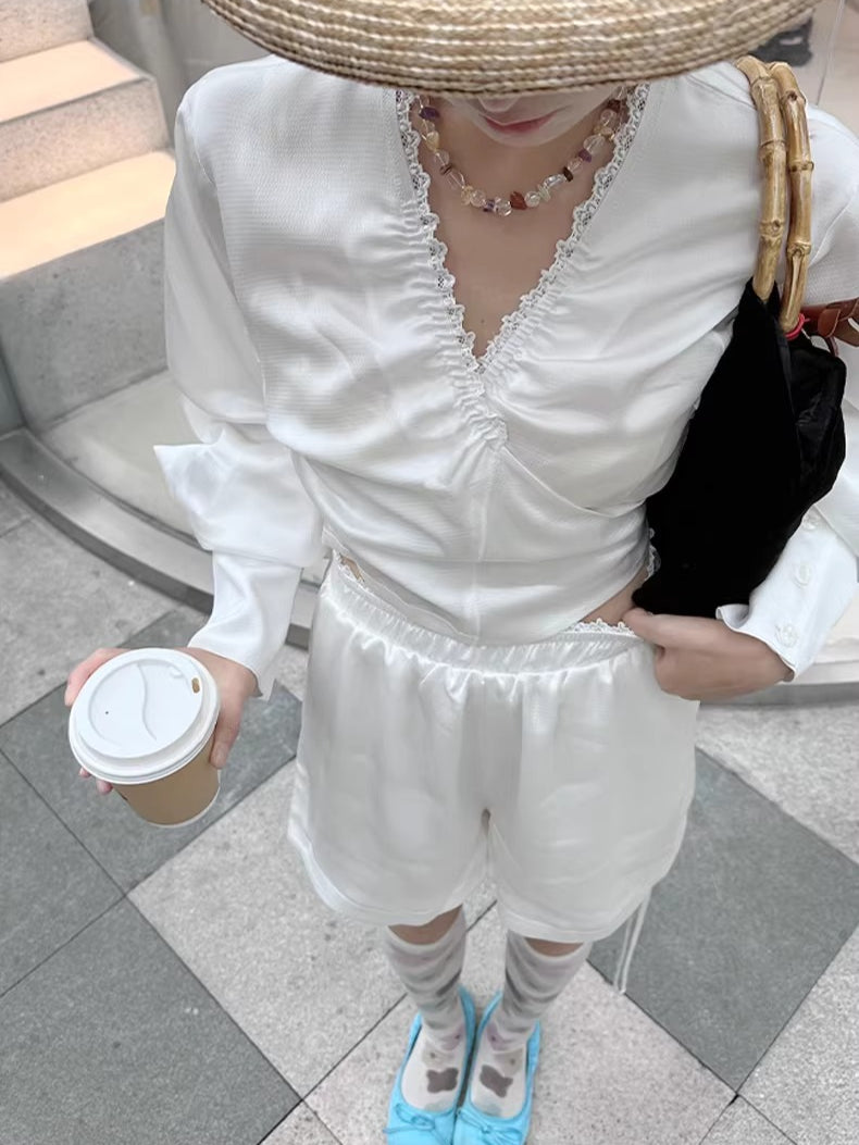 Convertible Ruched V-Neck Acetate Blouse