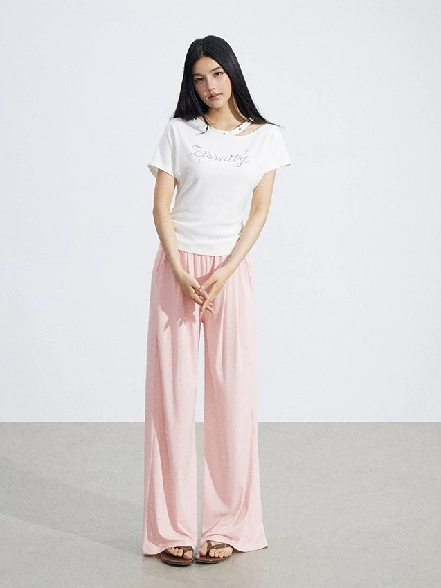 Lace-Trim Flowing Wide-Leg Pants