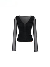 V-Neck Ruffled Mesh Slim Long-Sleeve Blouse - CHINASQUAD