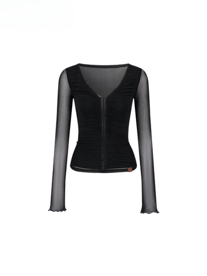 V-Neck Ruffled Mesh Slim Long-Sleeve Blouse - CHINASQUAD
