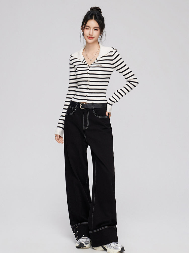 Cuffed Denim Wide-Leg Pants