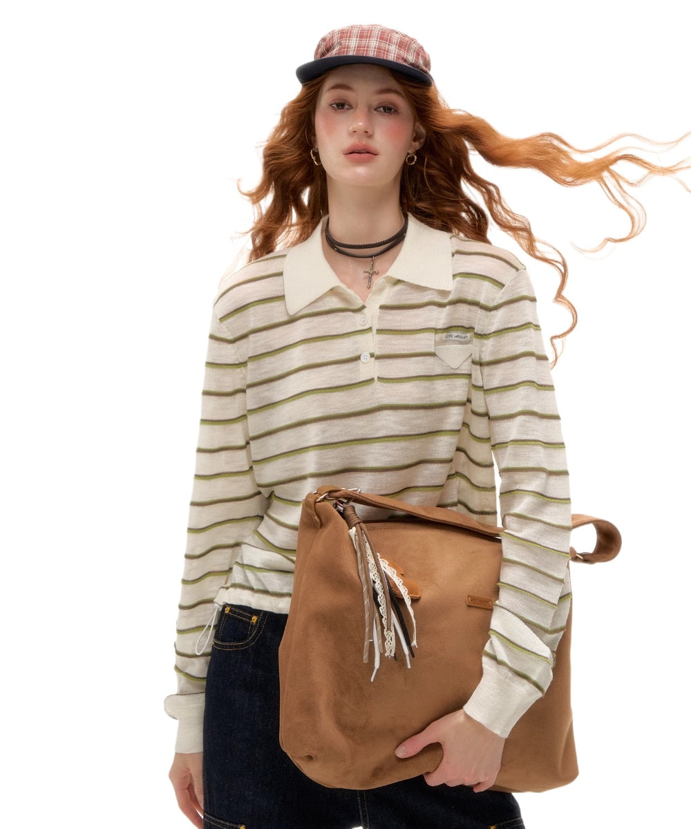Striped Polo Drawstring T-shirt