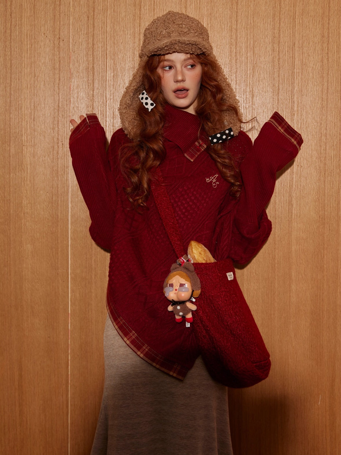 Plaid Patchwork Batwing Knit Turtleneck