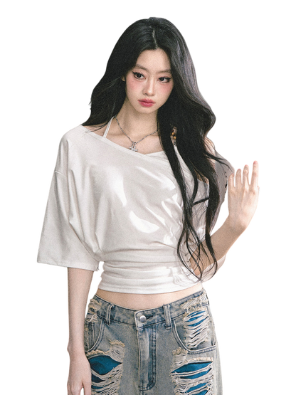Asymmetric Short-Sleeve Halter Crop T-Shirt