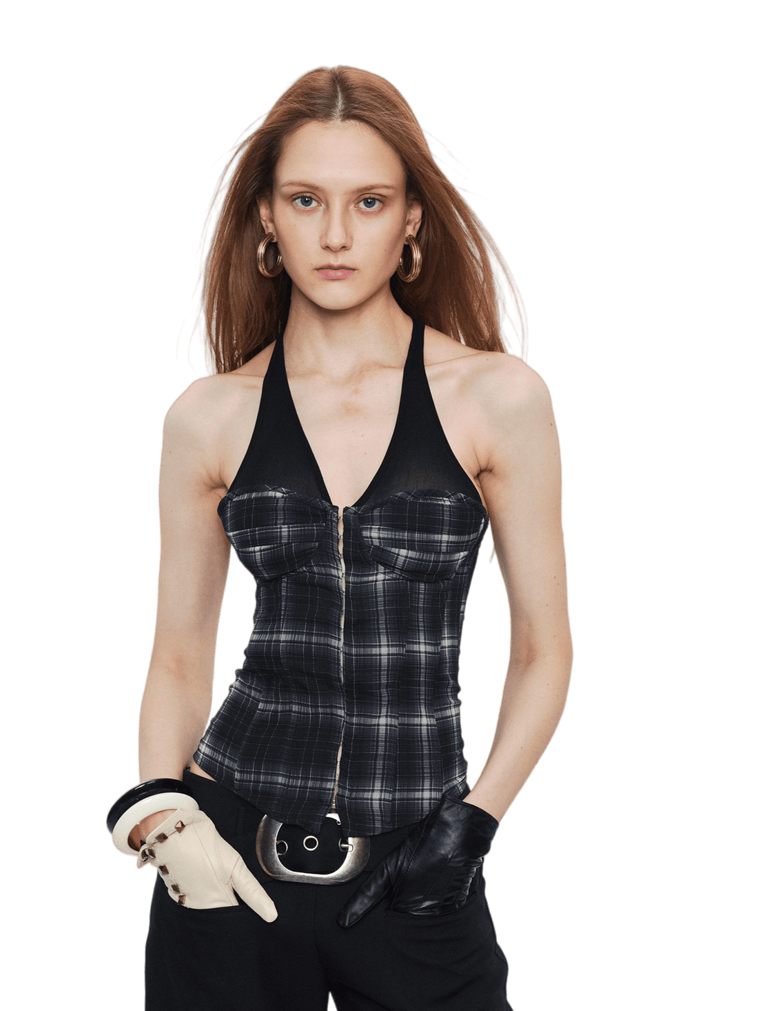 Plaid Mesh Panel Halter Corset