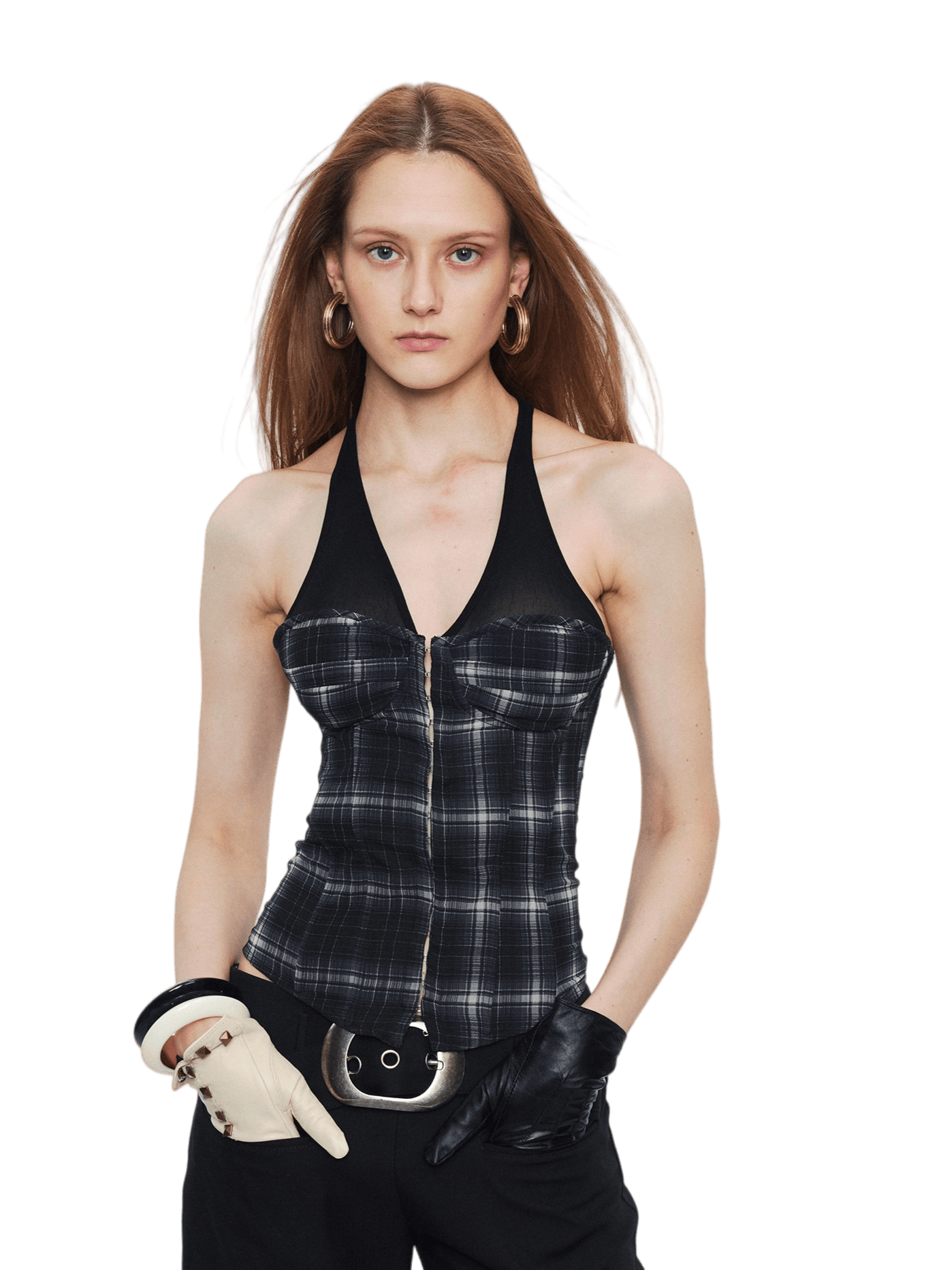 Plaid Mesh Panel Halter Corset