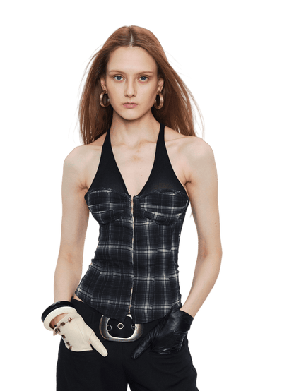 Plaid Mesh Panel Halter Corset