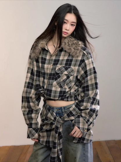 Plaid Detachable Fur Collar Two-Piece Shirt Set