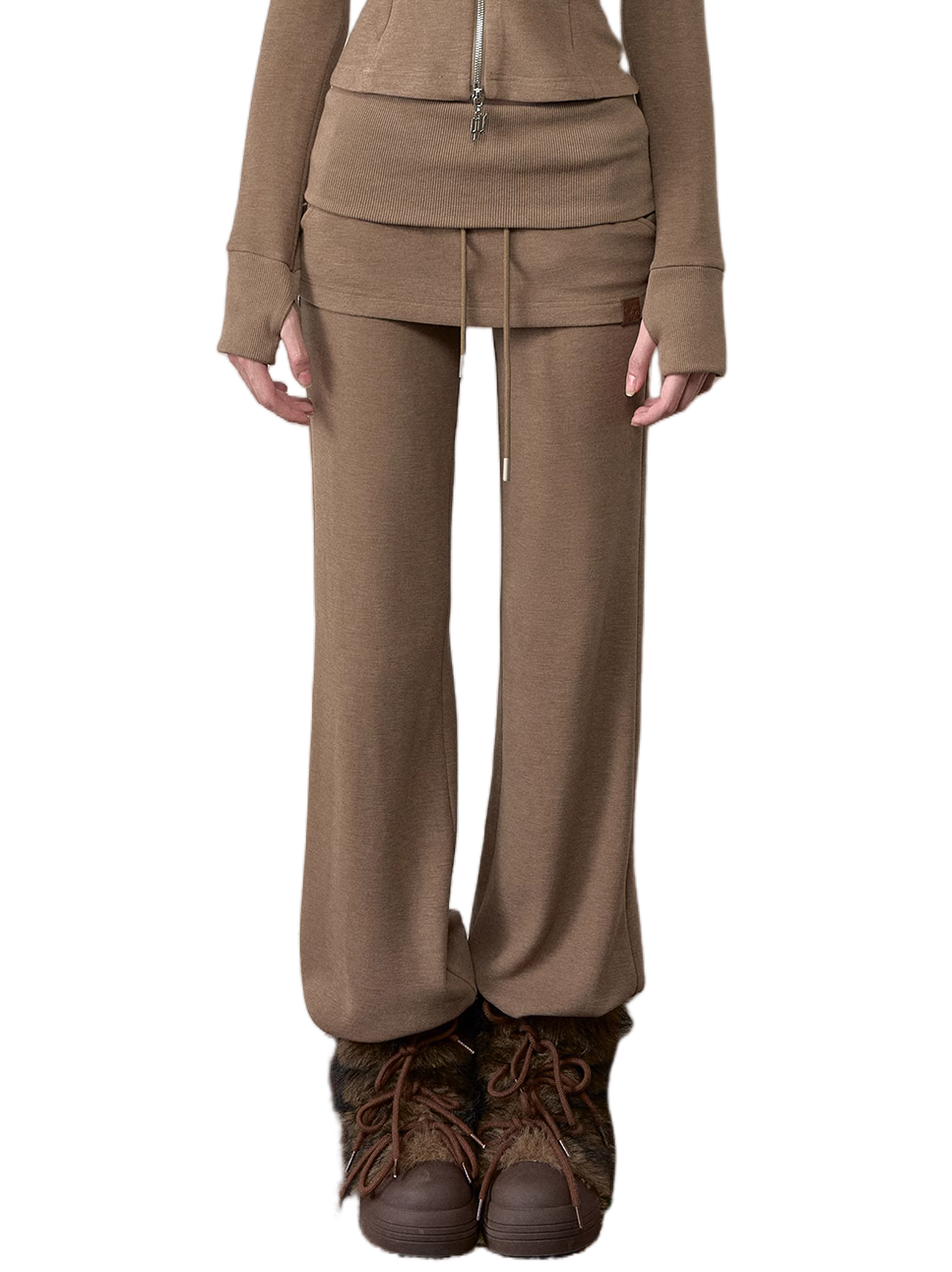 Folded Waist Spliced Skirt-Hem Sweatpants