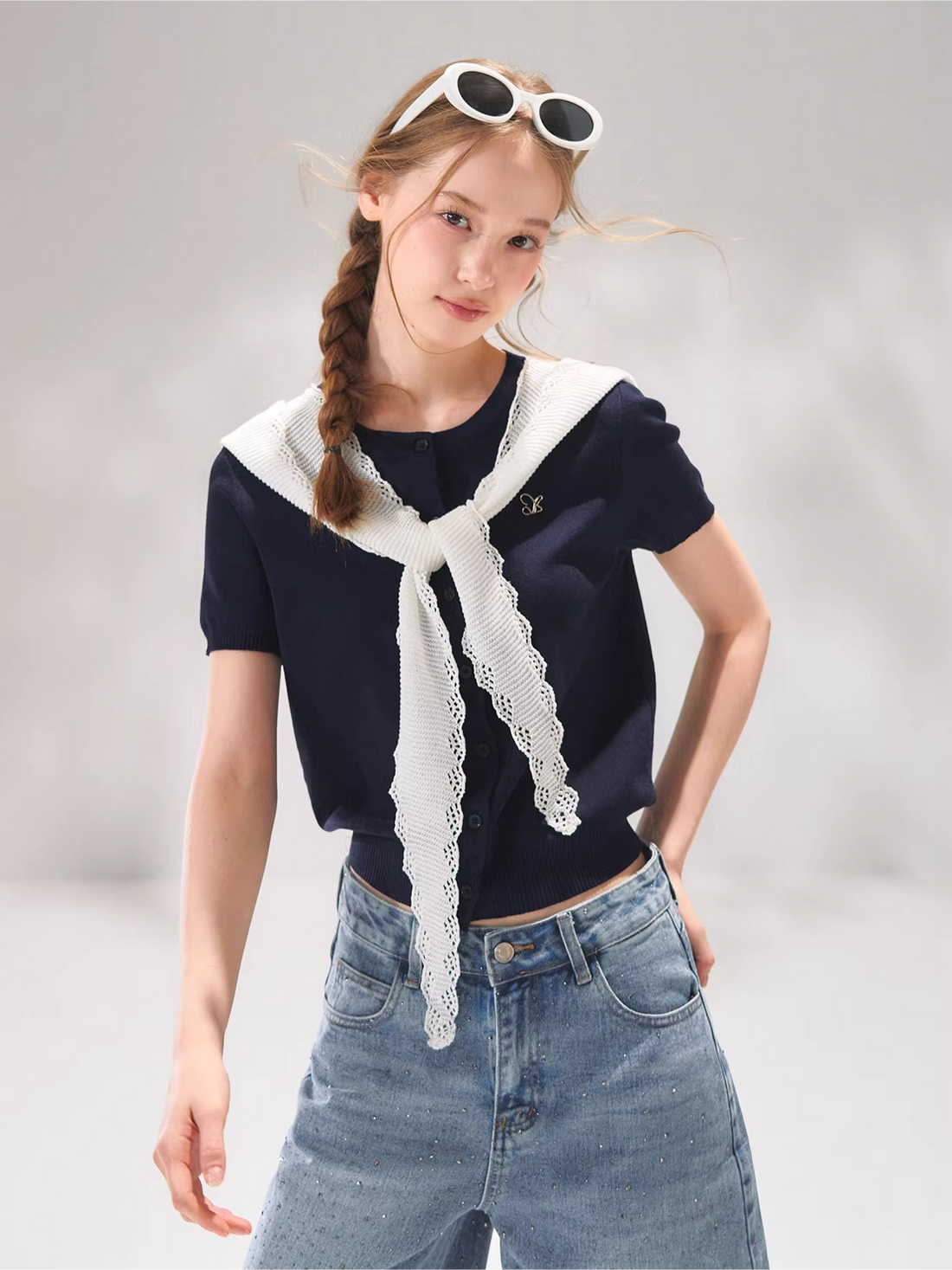 Sailor Tie-Detail Striped Knit Short Sleeve Top
