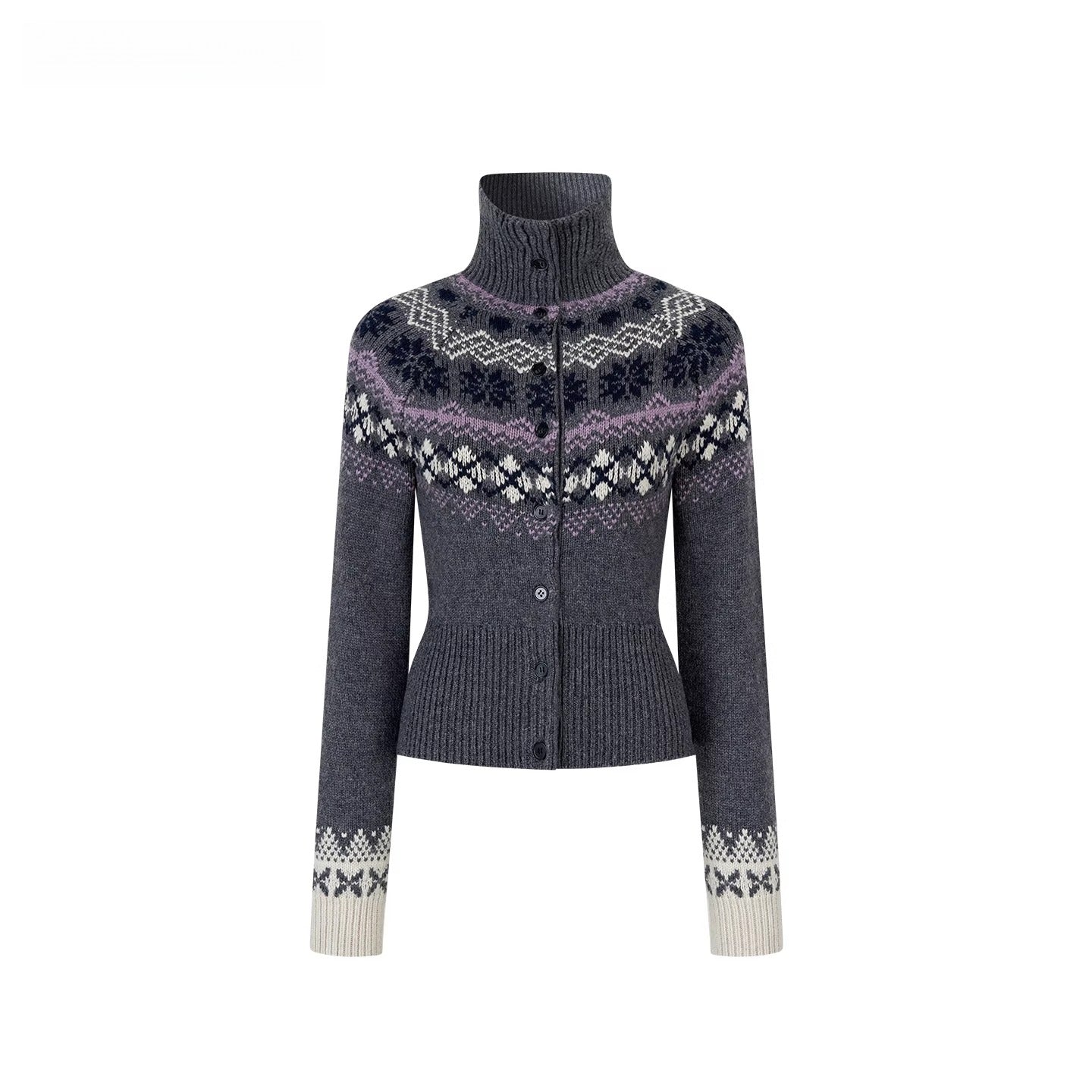 Fair Isle Wool-Blend Turtleneck Knit Cardigan