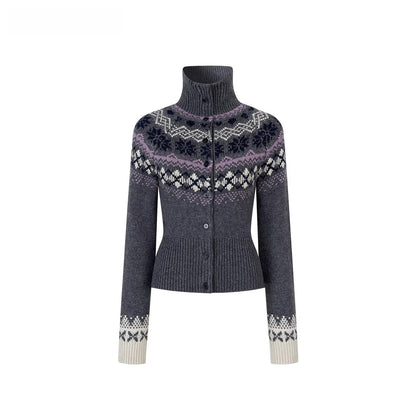 Fair Isle Wool-Blend Turtleneck Knit Cardigan