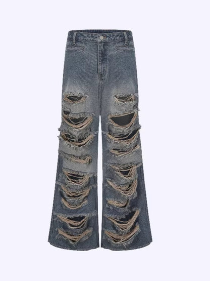 Vintage Washed Distressed Wide-Leg Denim Jeans