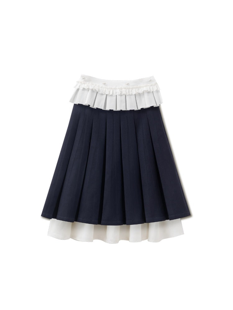 Navy &amp; Beige Double Waist Pleated Skirt