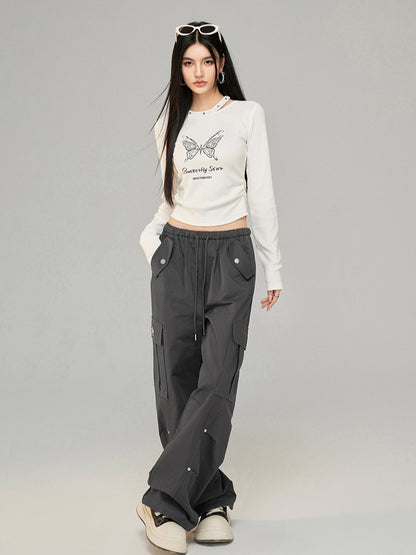 Drawstring Pleated Workwear Wide-Leg Pants