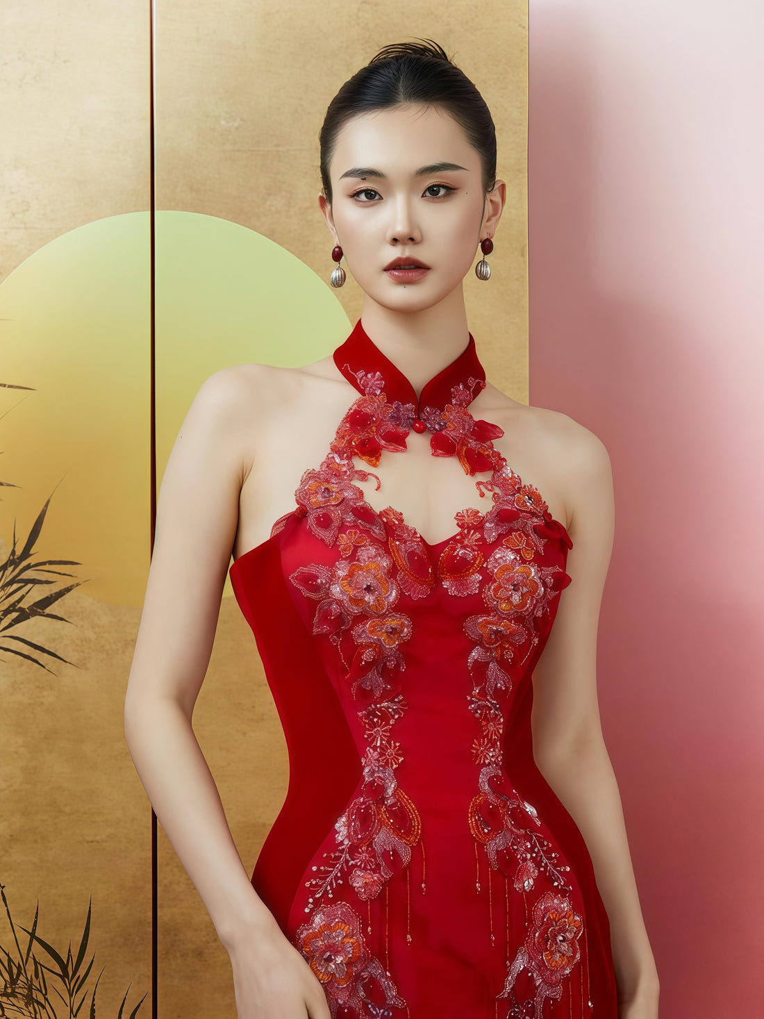 月之绯红刺绣美人鱼礼服