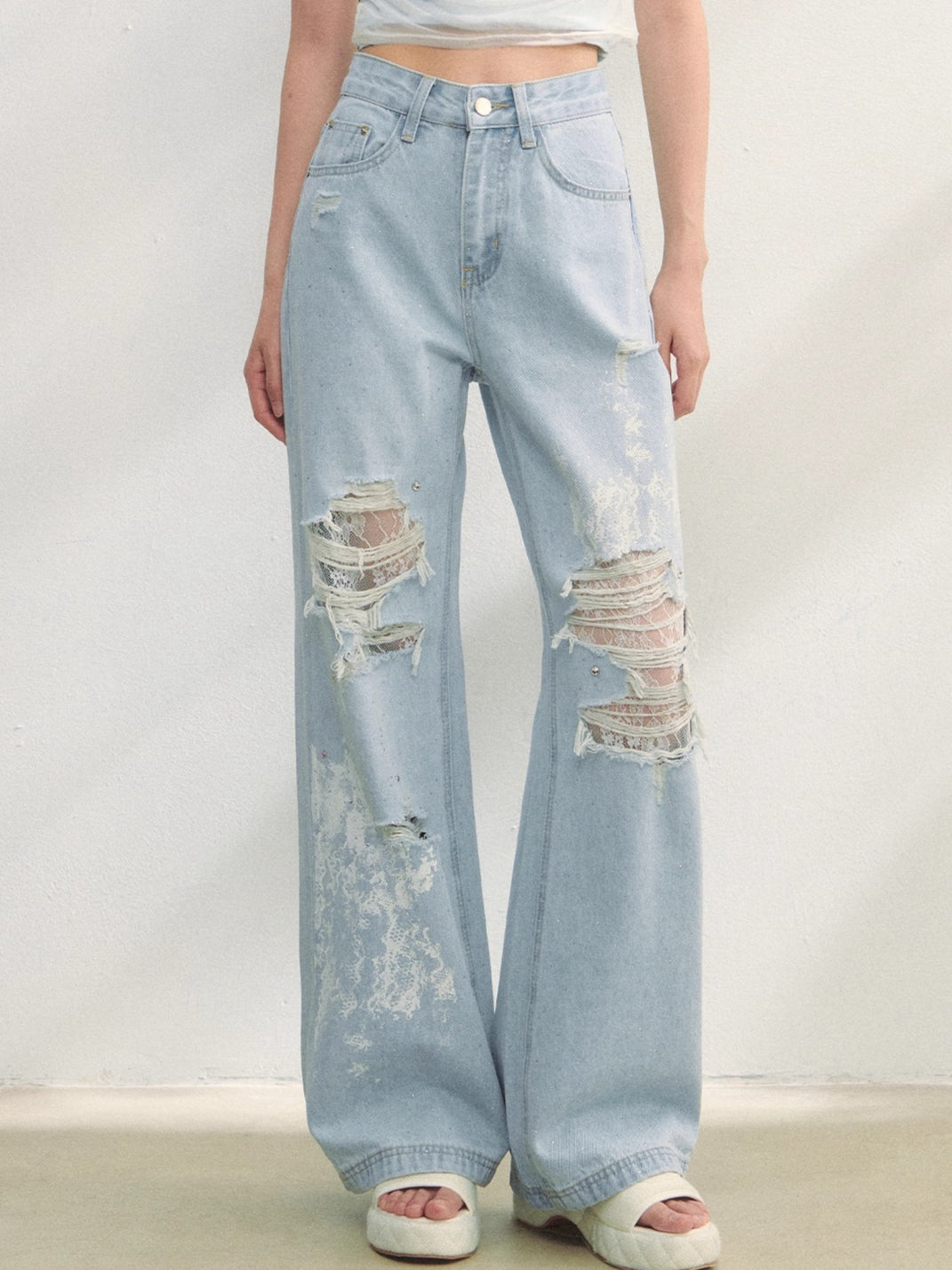 Lace-Trimmed Printed Rhinestone-Embellished Jeans