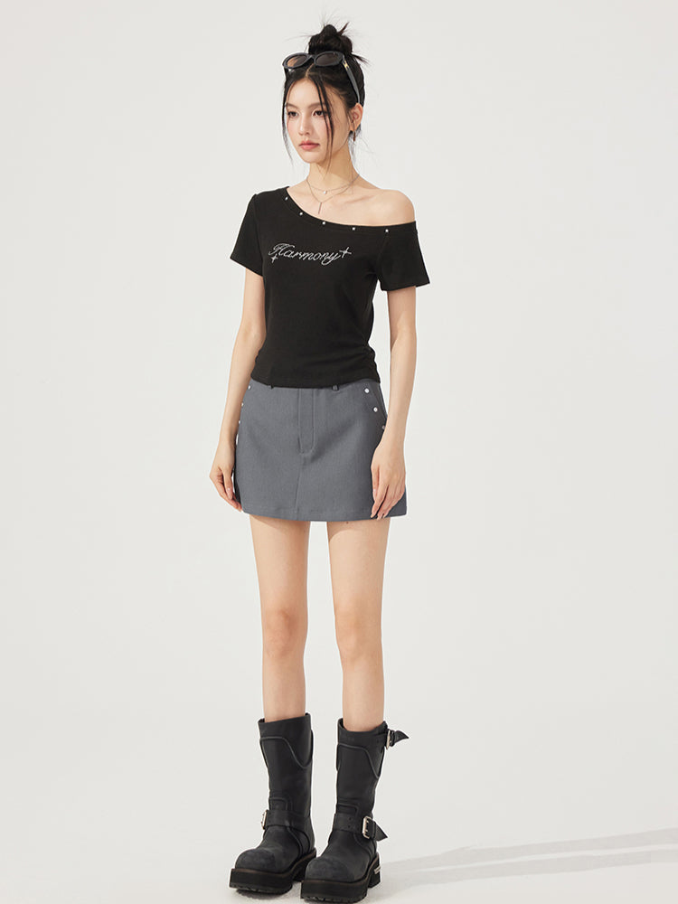 High-Elasticity Star-Studded Diagonal Shoulder T-Shirt