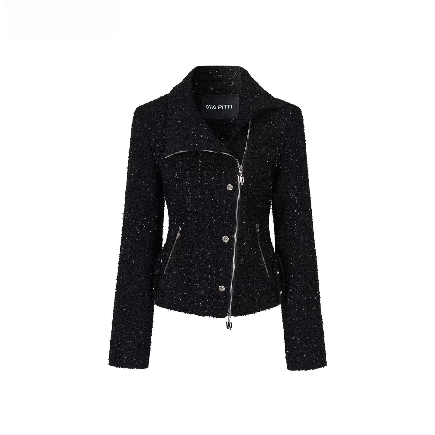 Rose-Button High-Neck Fitted Jacket