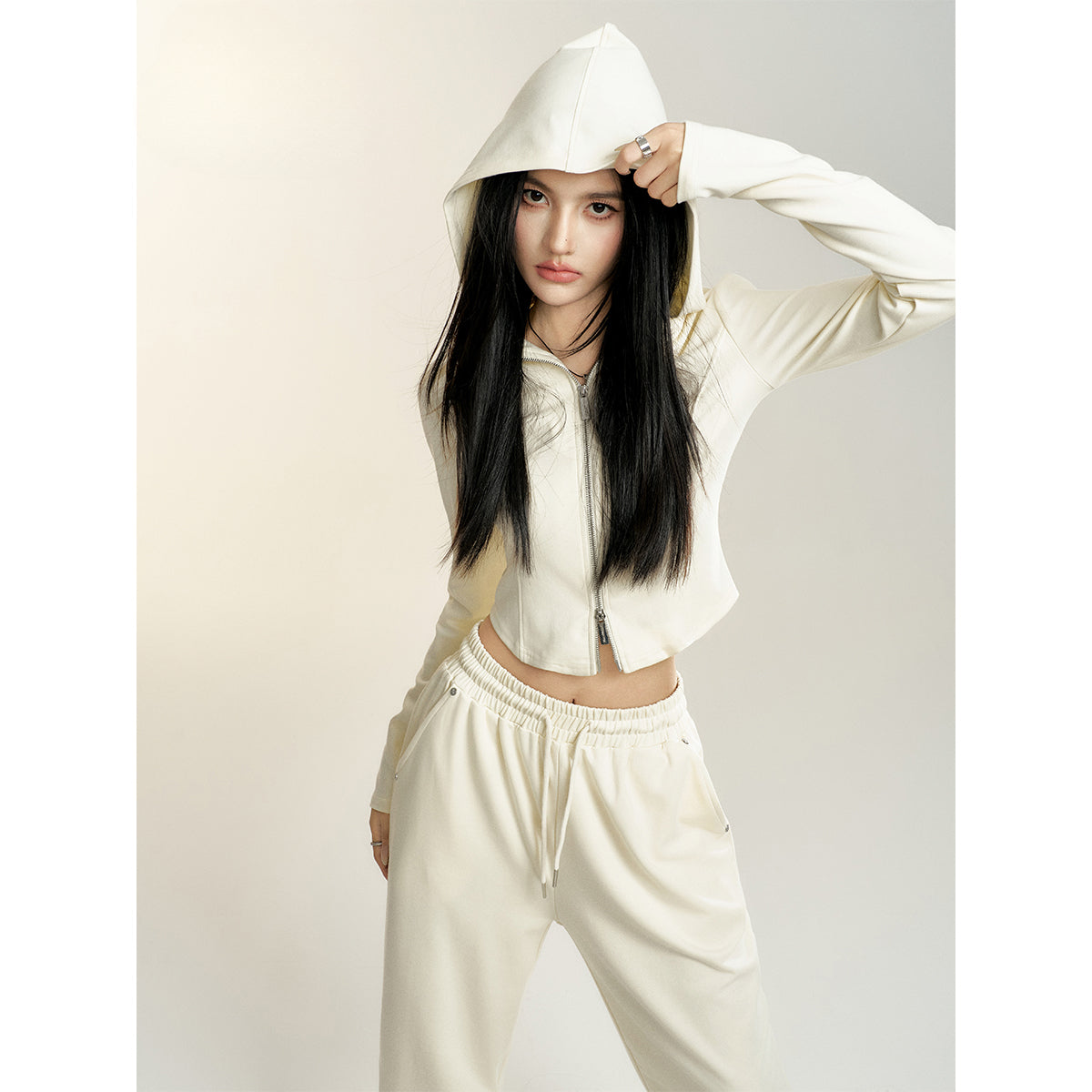 Black &amp; White Hooded Long-sleeve Zip-up Jacket &amp; Pants Set