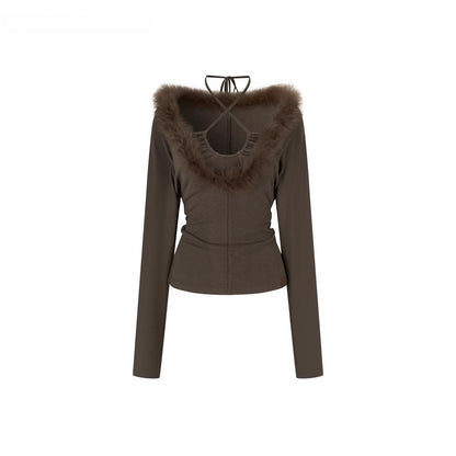 Fox Fur Panel Layered Knit V-neck