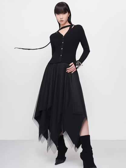 Elegant Asymmetric Paneled Mesh Skirt