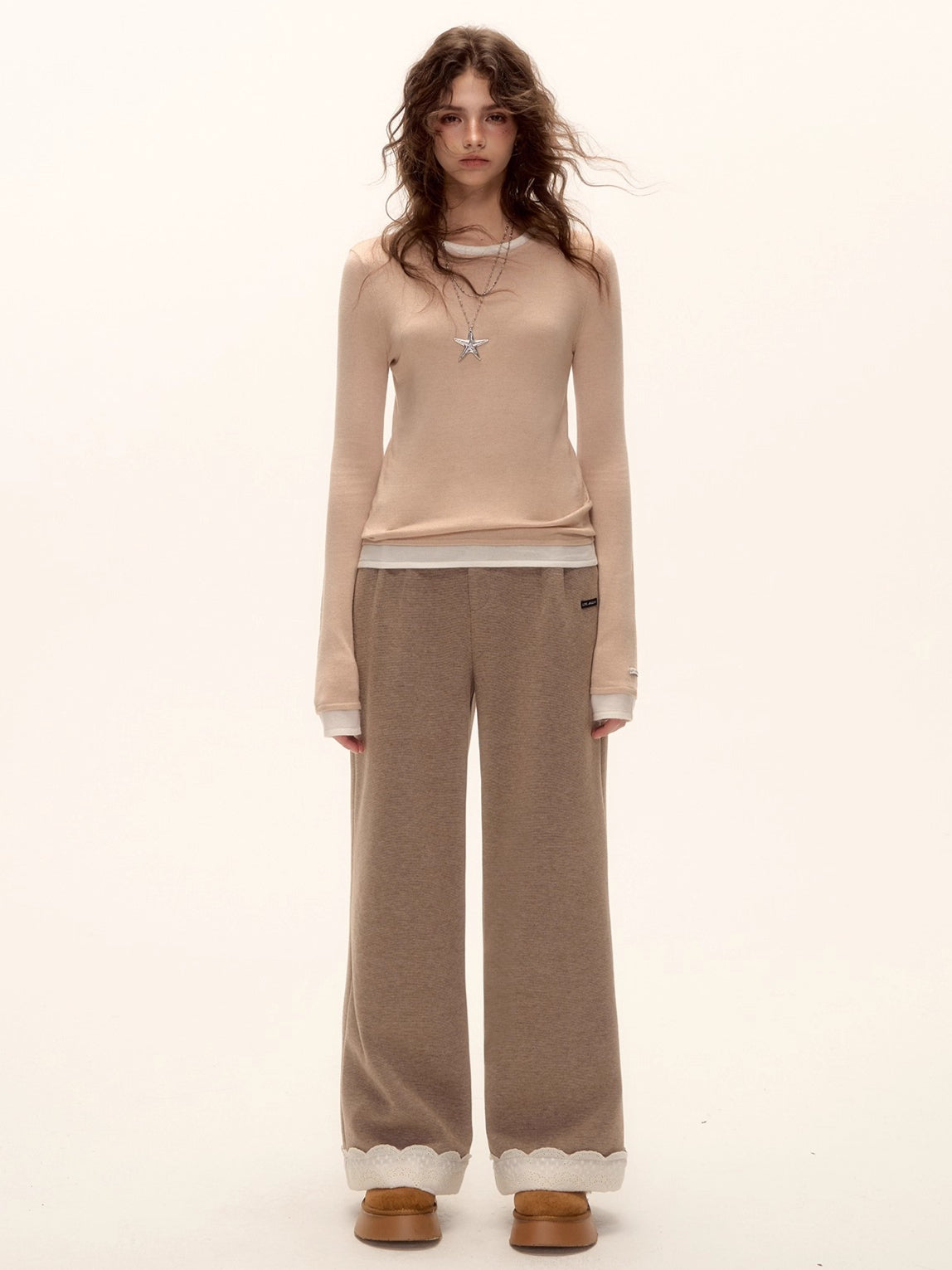 Embroidered Hem Wool Blend Wide-Leg Trousers