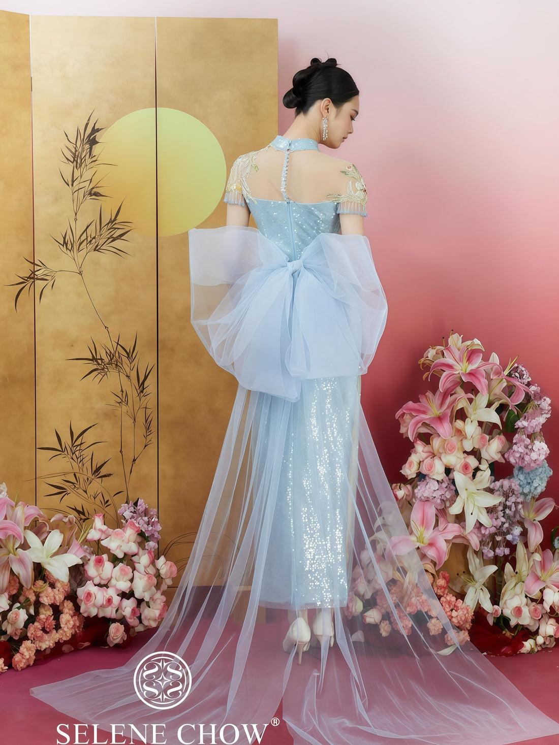 Azure Dream Embroidered Sequin Cheongsam with Detachable Bow Train