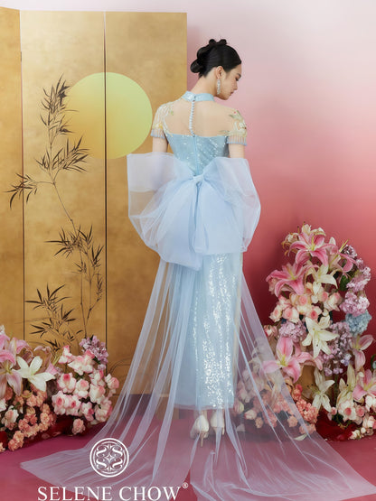 Azure Dream Embroidered Sequin Cheongsam with Detachable Bow Train