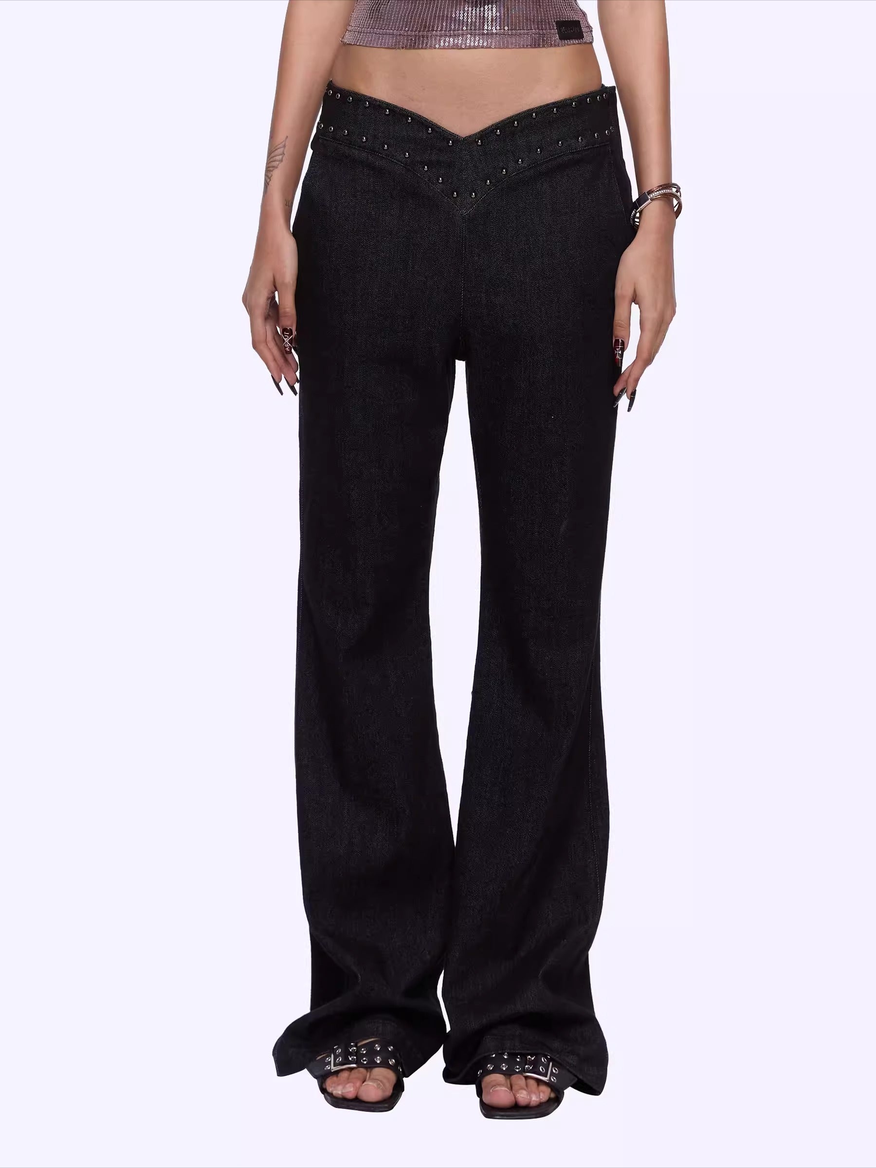 Studded Leopard-Print Micro-Flared Denim Pants