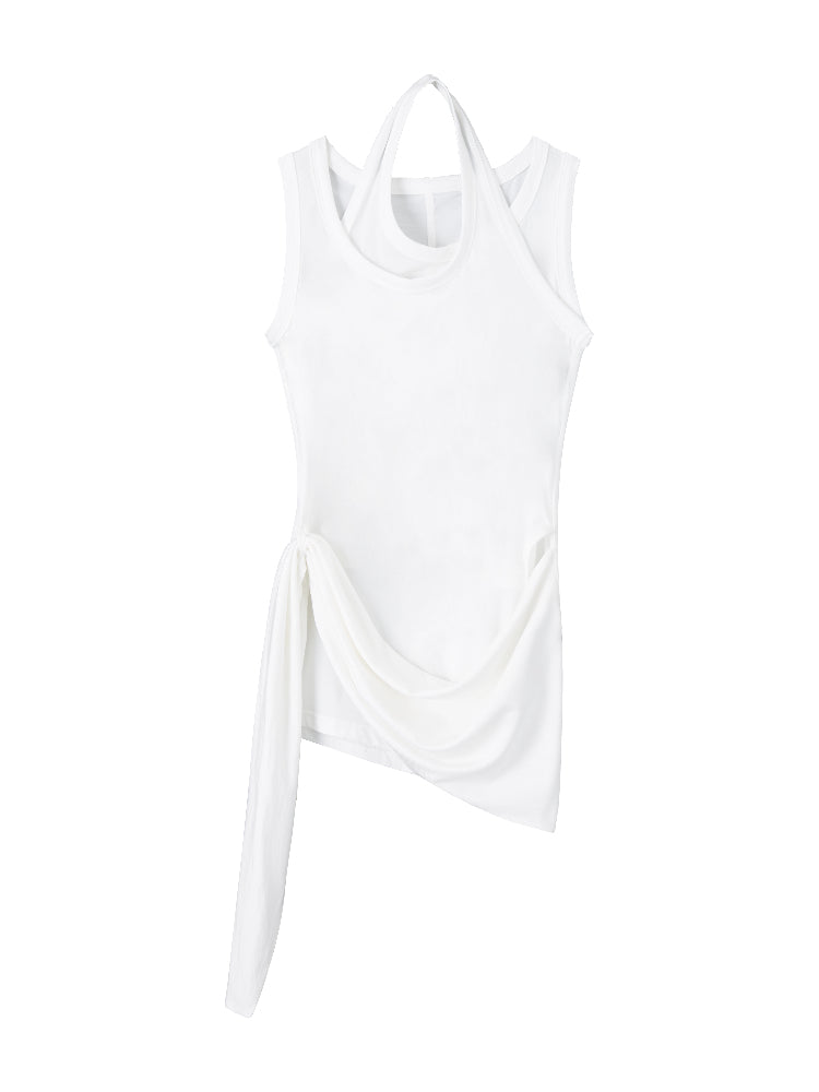 Fake Two-Piece Sleeveless Halter Tie T-shirt