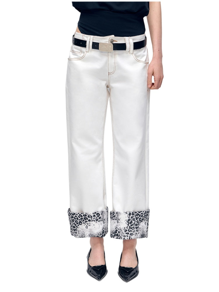 White Patchwork Leopard Print Straight-Leg Denim Pants