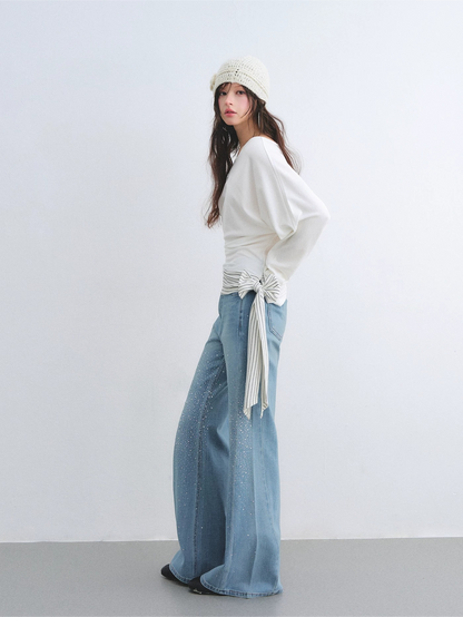 Asymmetric Batwing Sleeve Striped Tie-Hem Long Sleeve Top