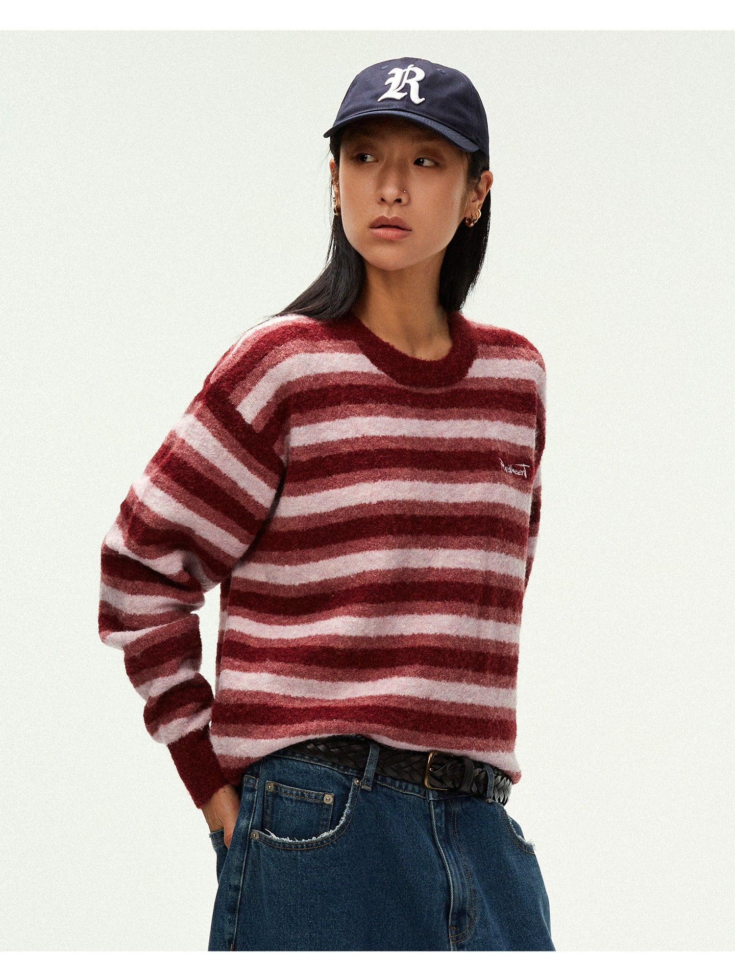 Contrast Stripe Embroidered Knit Sweater