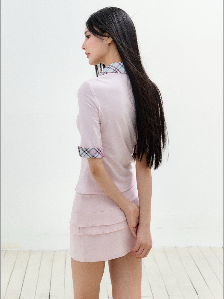 Plaid Collar Knit Top