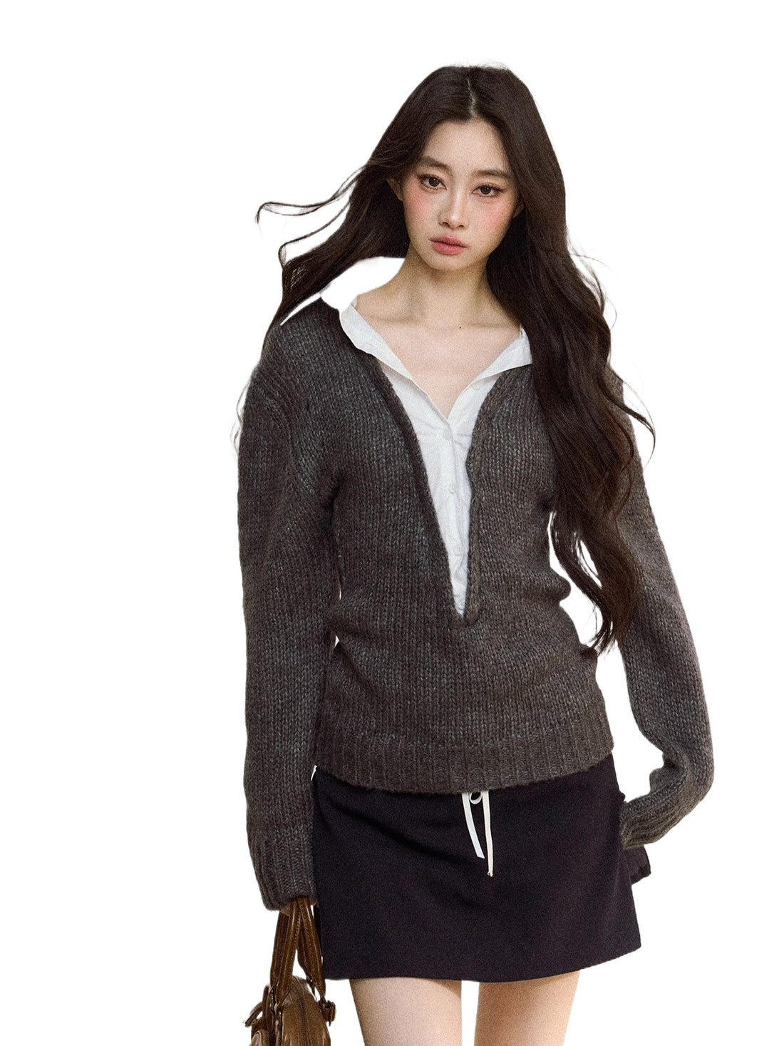 Gray Wool-Blend Layered Knit V-neck