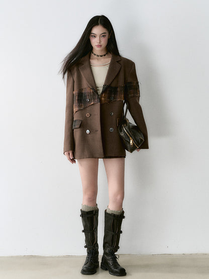 Wool Plaid Patchwork Mid-Length Coat