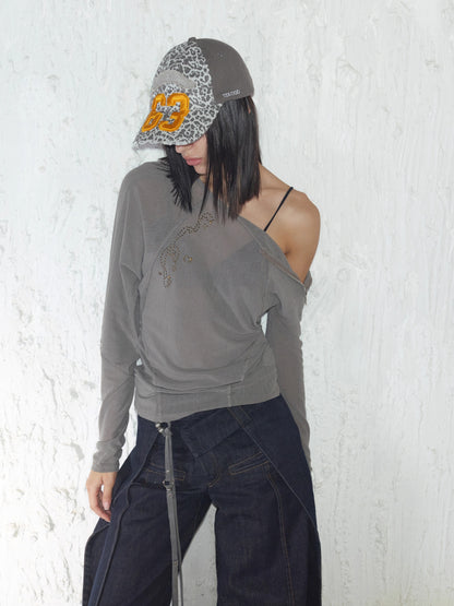 Rhinestone Frayed-Edge Knit T-Shirt