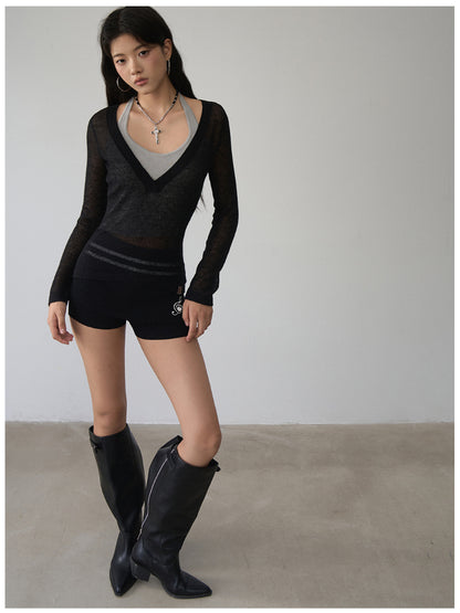 Fake Two-Piece Halter V-Neck Knit Sweater - CHINASQUAD