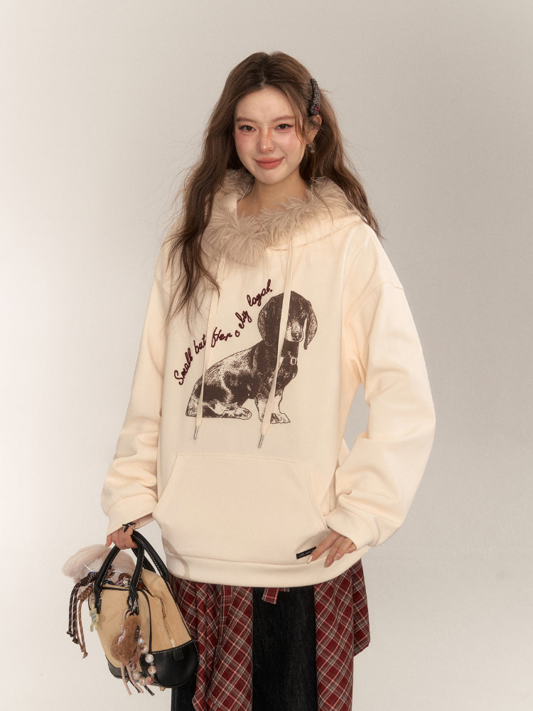 Retro Dog Print Fleece-Lined Hoodie