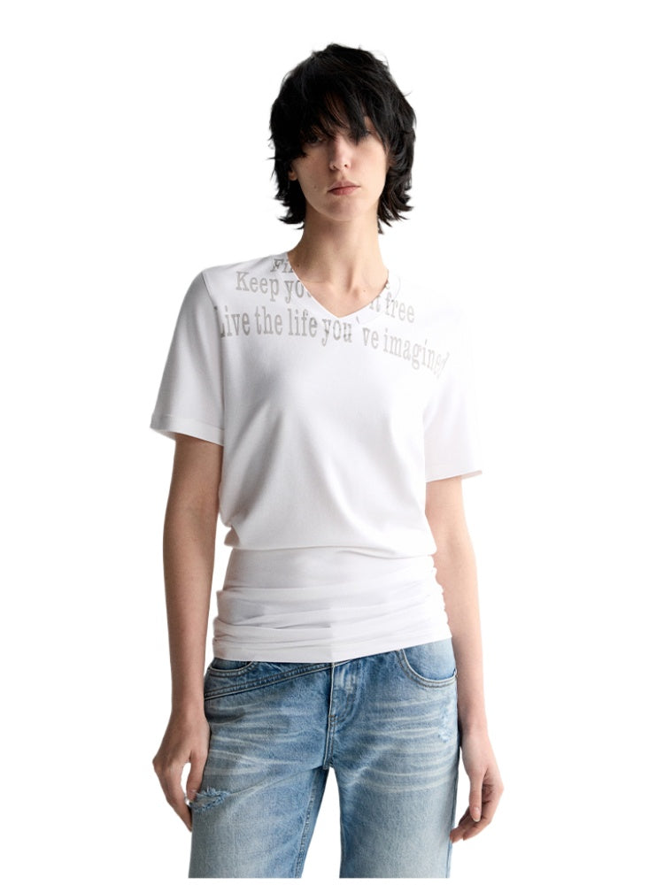 All-Over Print V-Neck Stacked Waist T-shirt