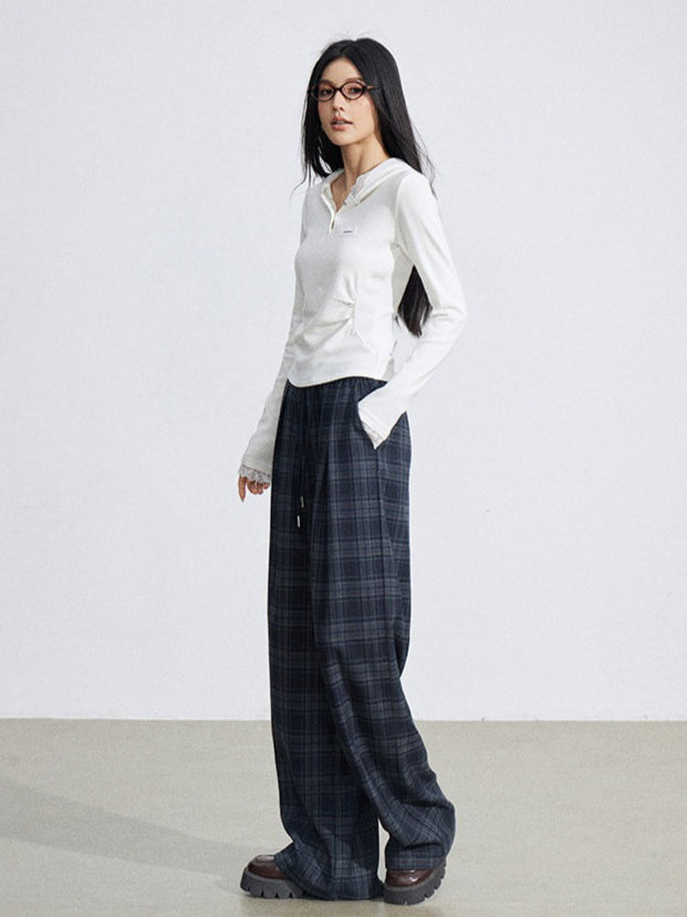 Elastic Waist Plaid Panel Wide-Leg Trousers