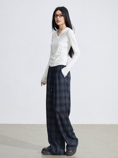 Elastic Waist Plaid Panel Wide-Leg Trousers