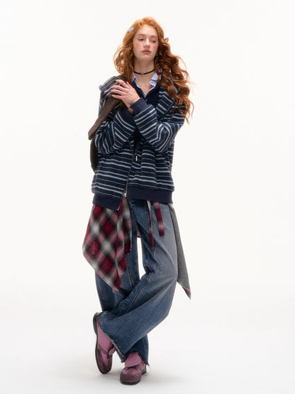 Striped Plush Cat-Ear Zip-up Hoodie