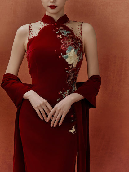 Crimson Embroidered Illusion Back Cheongsam Dress
