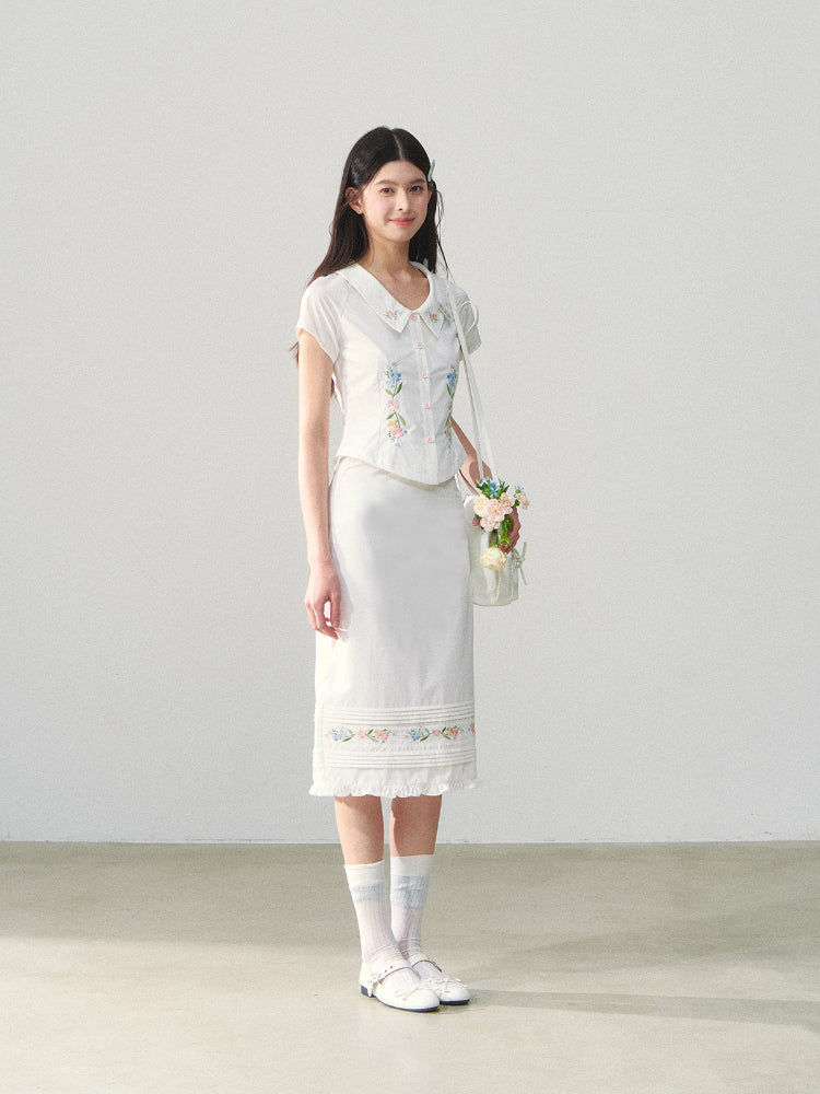 Embroidered Short-sleeve Waist-cinching Shirt &amp; Skirt Set
